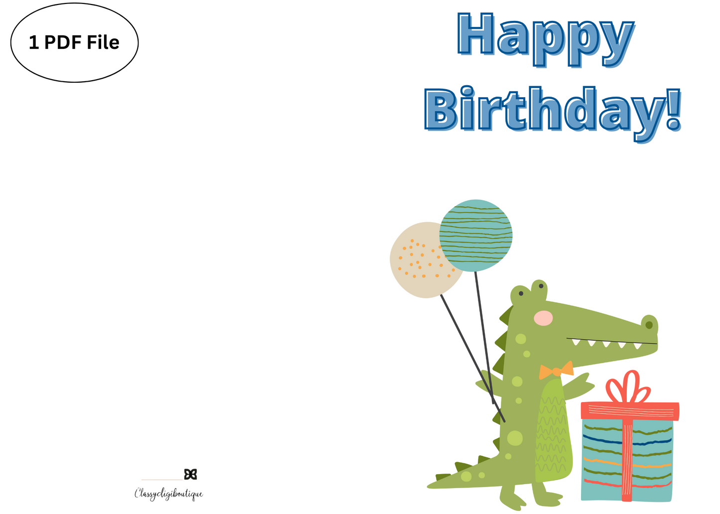 🐊 Alligator Birthday Card – Printable Kids Greeting Card with Balloons & Present | Instant Download PDF