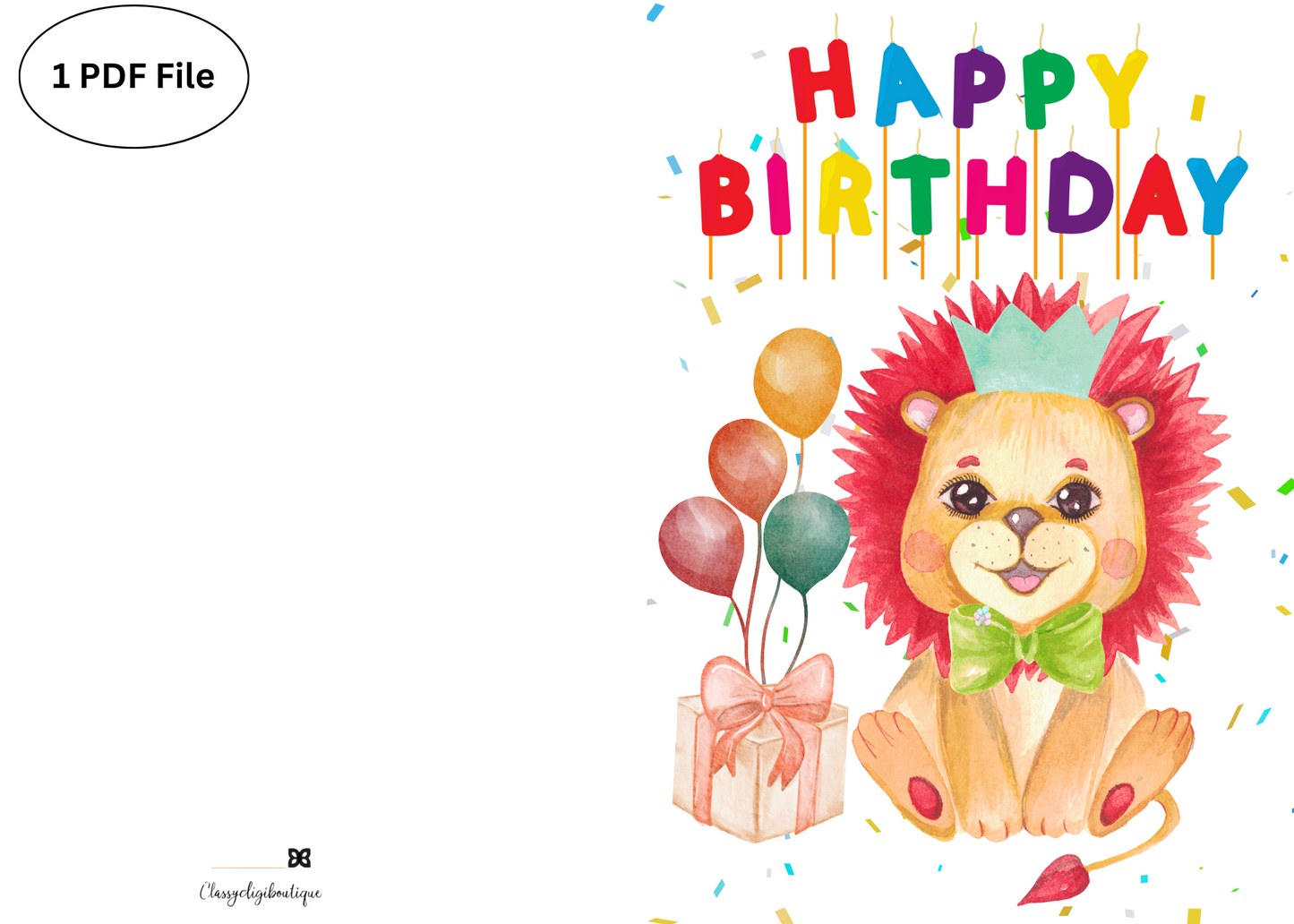 🦁 Baby Lion Birthday Card – Printable Greeting Card with Balloons, Gift & Confetti | Instant Download PDF
