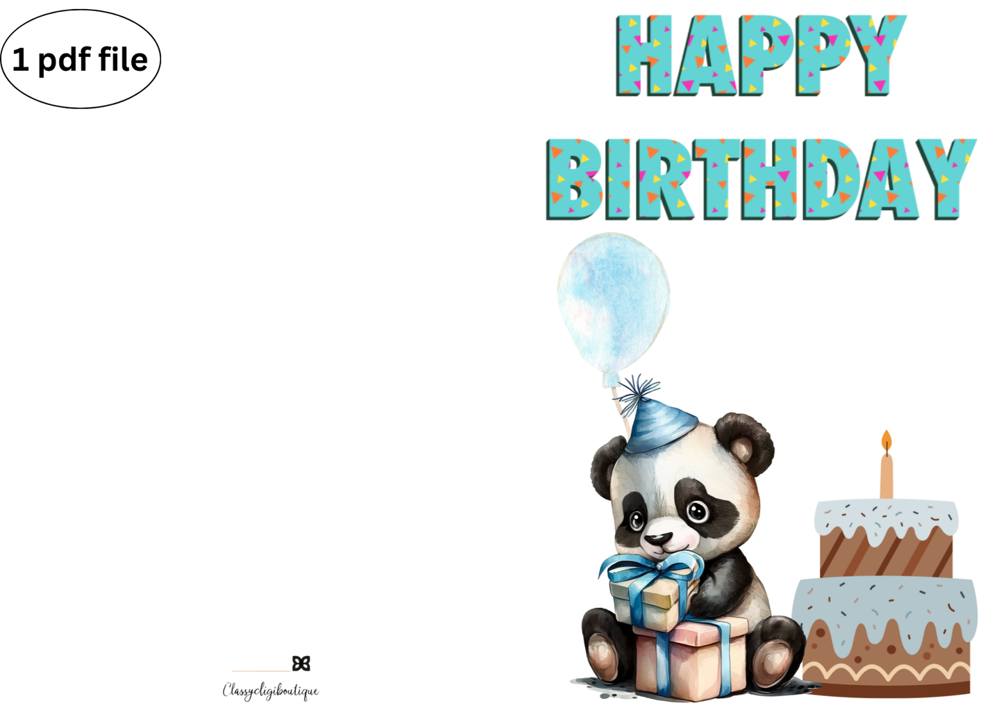 Baby Panda Birthday Card – Downloadable Printable Card with Cake & Balloons (Light Blue Theme)