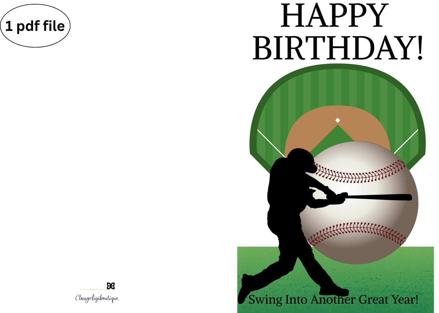Baseball Birthday Card – Black Silhouette Player with Baseball on Field - Downloadable Printable Greeting Card