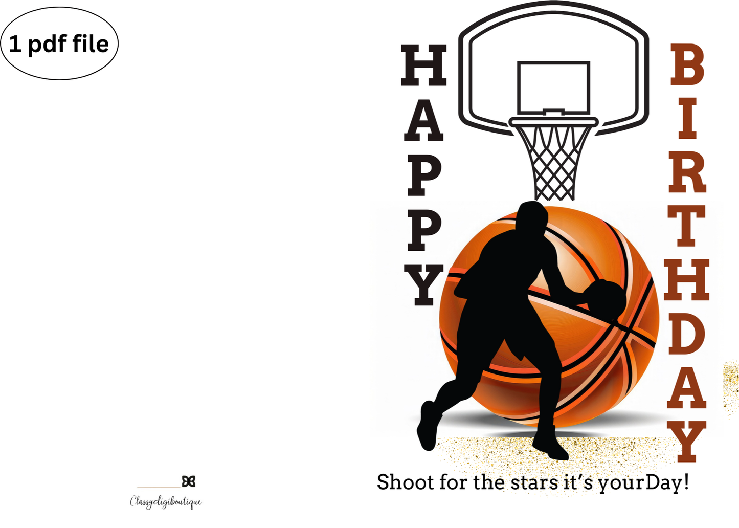 Basketball Birthday Card – Black Silhouette Player with Basketball on Court - Downloadable Printable Greeting Card