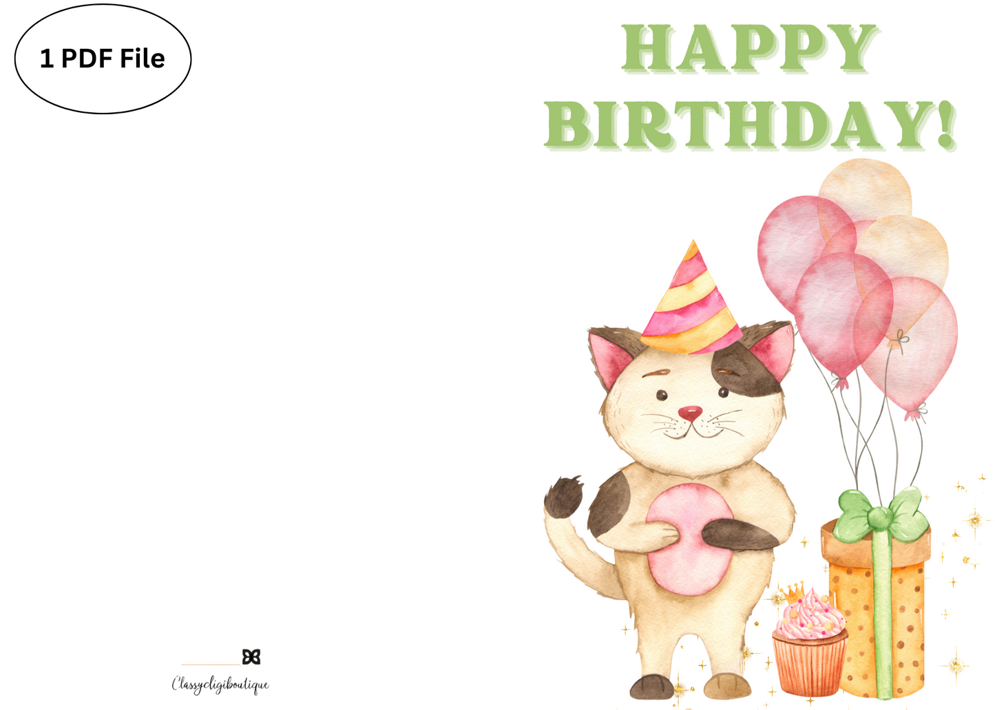 🐱 Birthday Cat Greeting Card – Printable Card with Hat, Balloons, Cupcake & Presents | Instant Download PDF