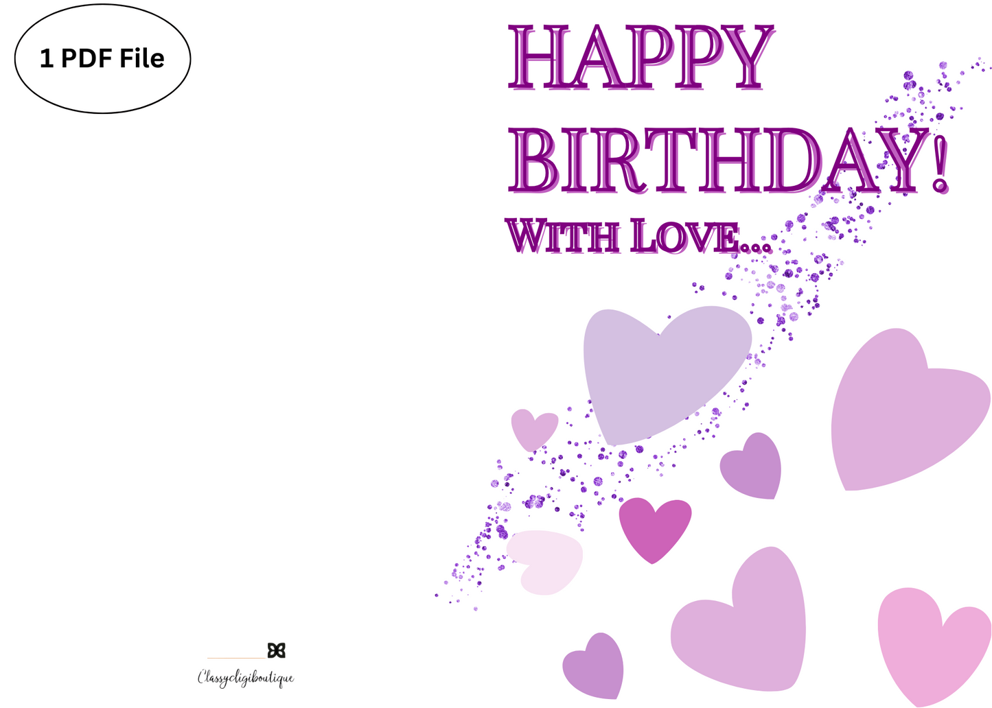 💜 Happy Birthday with Love Card – Printable Greeting Card with Purple Hearts | Instant Download PDF