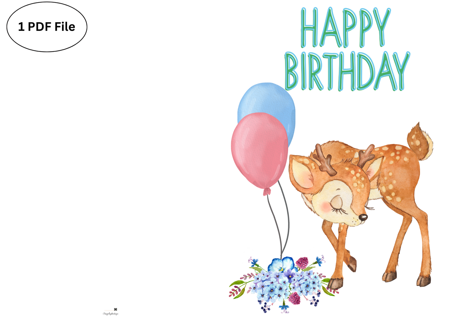 🦌 Watercolor Deer Birthday Card – Printable Forest Animal Greeting Card | Instant Digital Download (PDF)