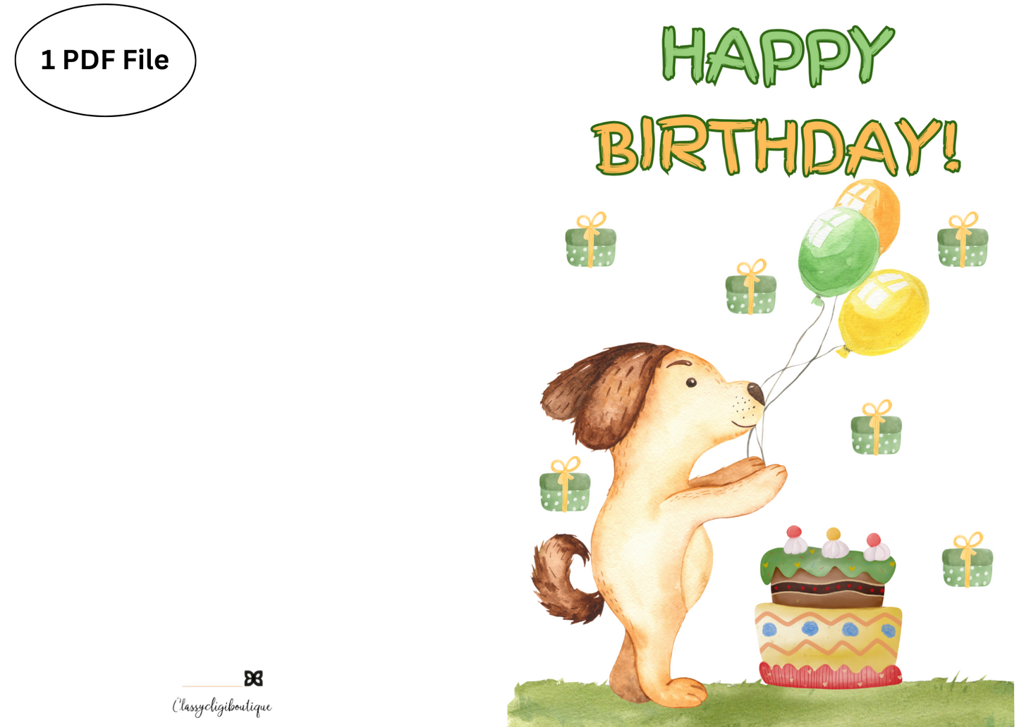 🐶 Dog Birthday Card – Printable Greeting Card with Balloons, Cake & Presents | Instant Download PDF