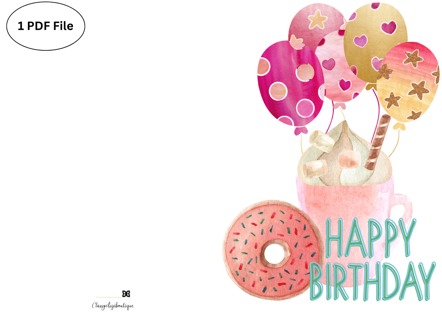 ☕🍩 Hot Cocoa & Donut Birthday Card – Cute Printable Greeting Card with Balloons | Instant Digital Download (PDF)