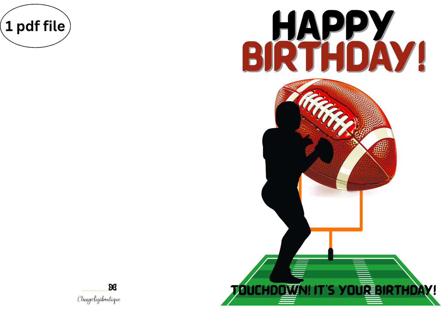 Football Birthday Card – Black Silhouette Player with Football on Field - Downloadable Printable Greeting