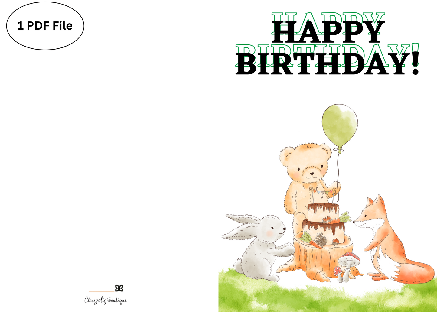 🌲 Forest Animal Birthday Card – Bear, Bunny & Fox | Printable Kids Greeting Card | Instant Digital Download (PDF)