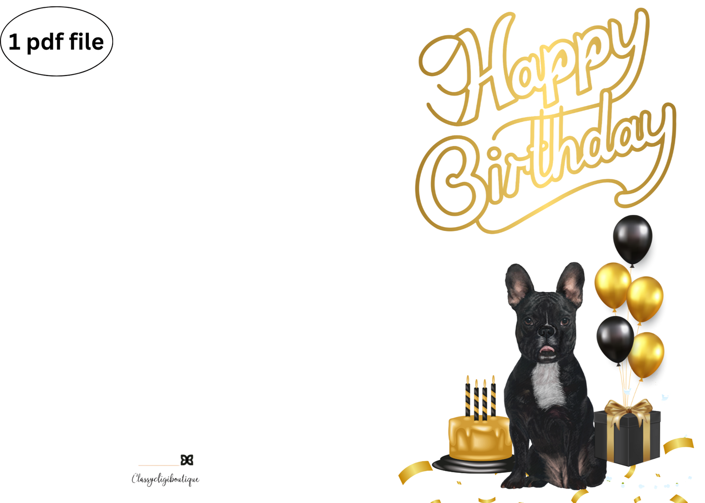 French Bulldog Birthday Card – Printable Gold & Black Party Design with Cake and Gifts