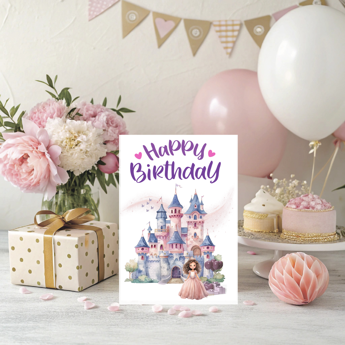 Princess Birthday Card Castle and Presents Theme - Printable Greeting Card Two