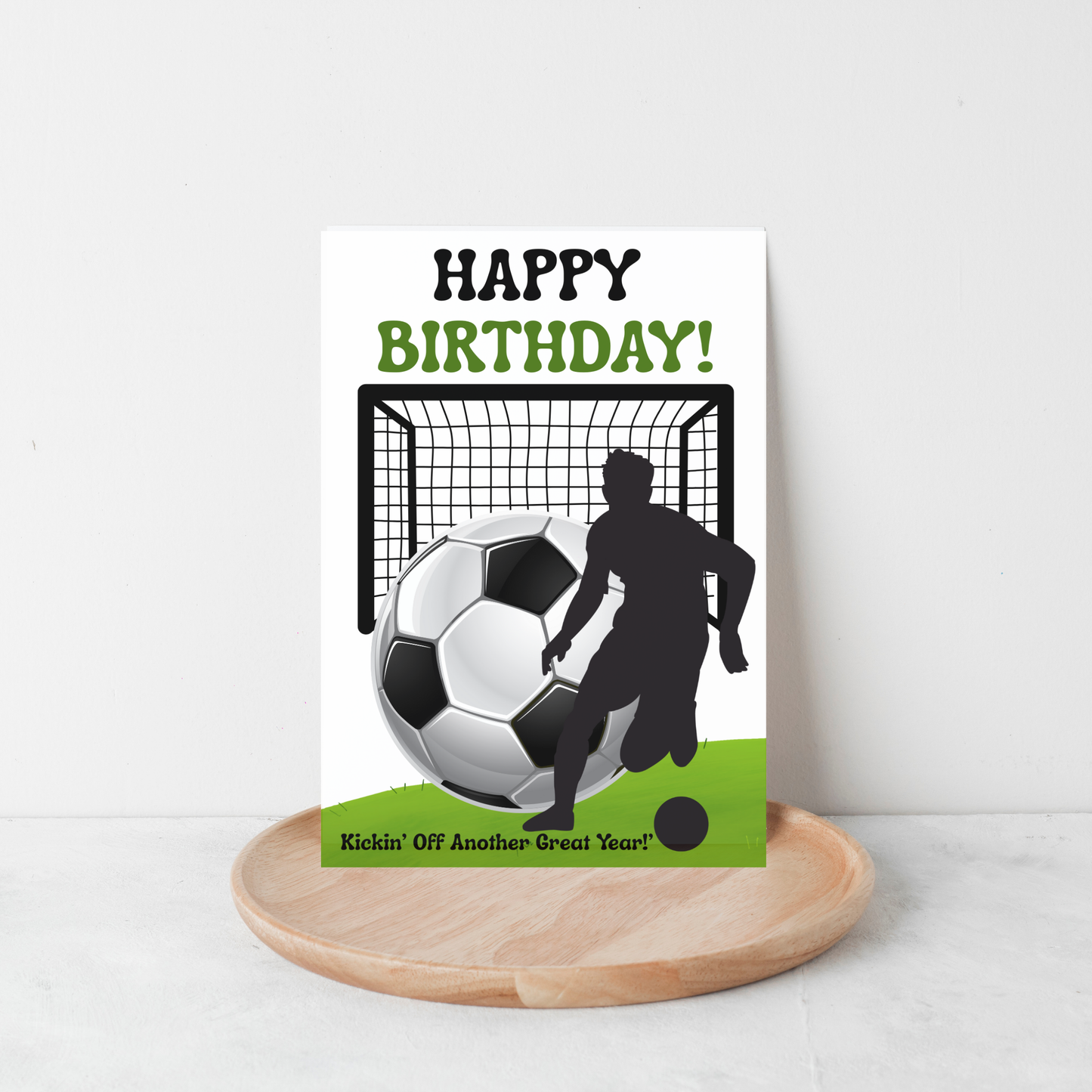 Soccer Birthday Card – Black Silhouette Player with Soccer Ball and Goal - Downloadable Printable Greeting Card
