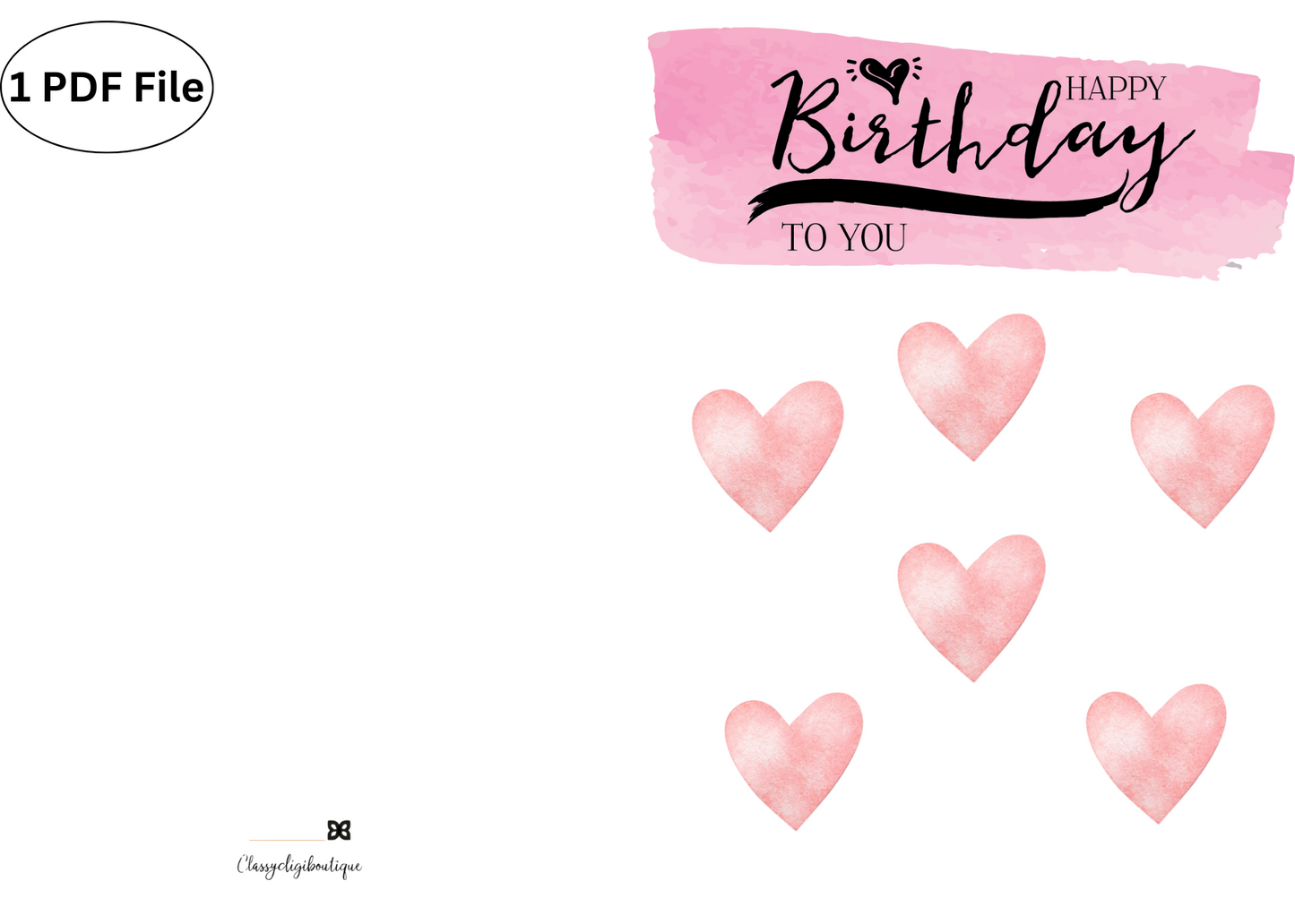 Watercolor Pink Hearts Birthday Card – Downloadable Printable Greeting Card