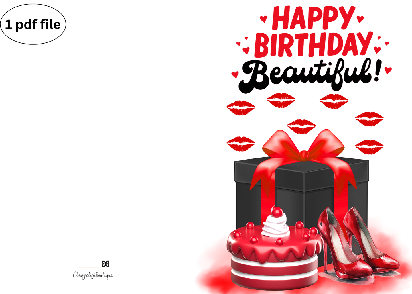 🎁 Glam Birthday Card – Red Heels, Cake & Kisses Printable