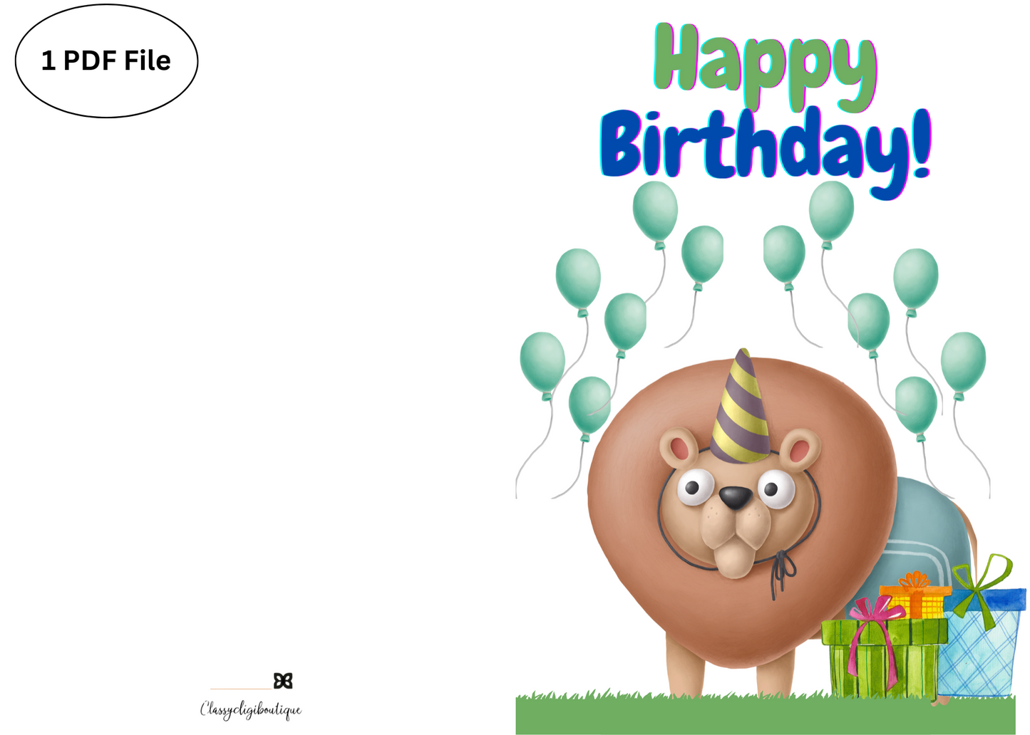 π¦ Lion Birthday Card β Printable Kids Greeting Card with Balloons & Presents | Instant Download PDF