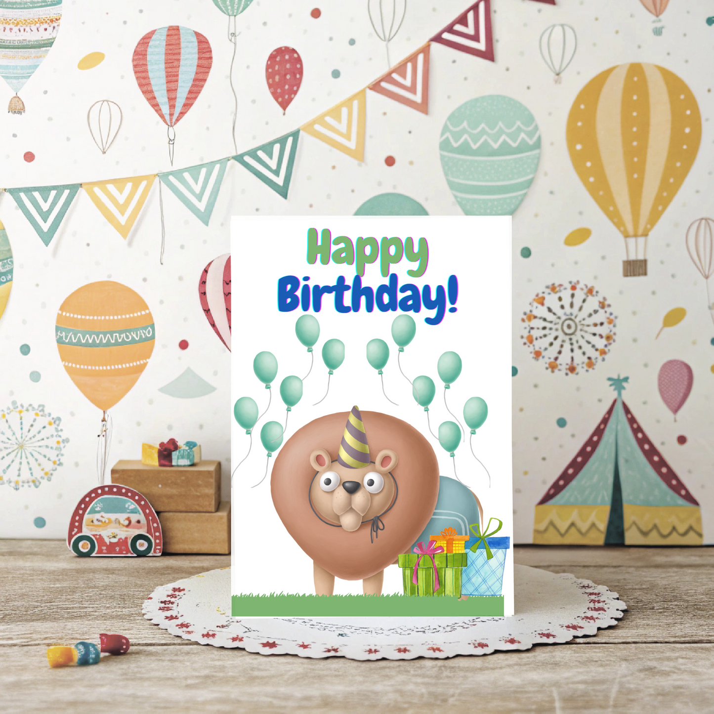 π¦ Lion Birthday Card β Printable Kids Greeting Card with Balloons & Presents | Instant Download PDF