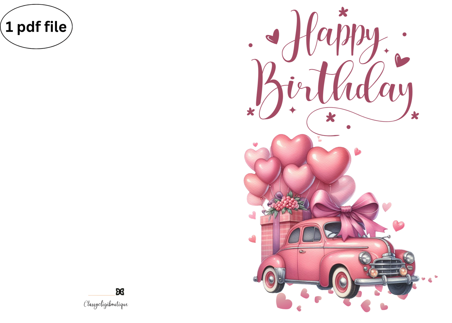 🎀 Pink Vintage Car Birthday Card – Printable Download