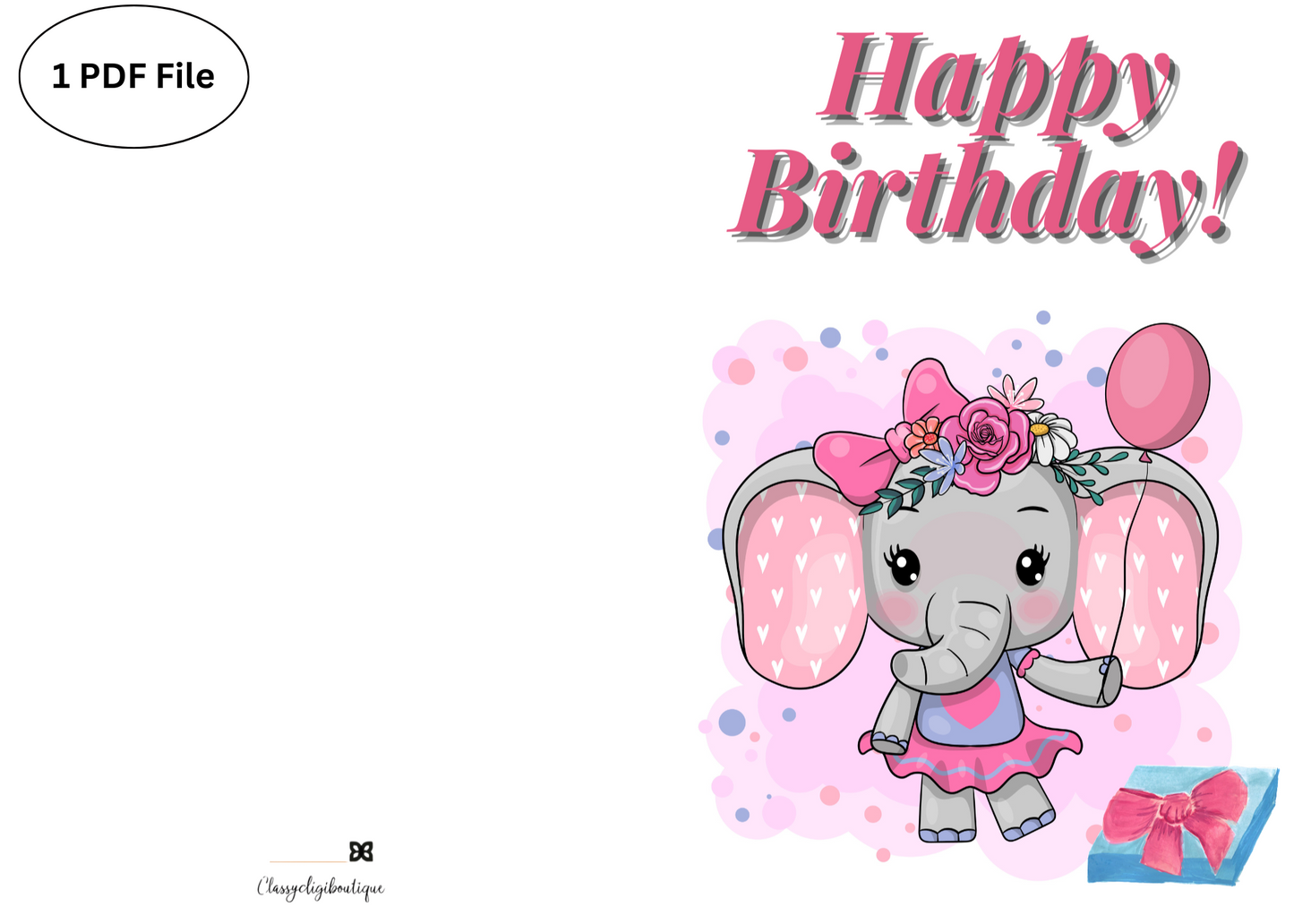 🐘 Pink Elephant Birthday Card – Cute Printable Greeting Card for Kids | Instant Digital Download (PDF)