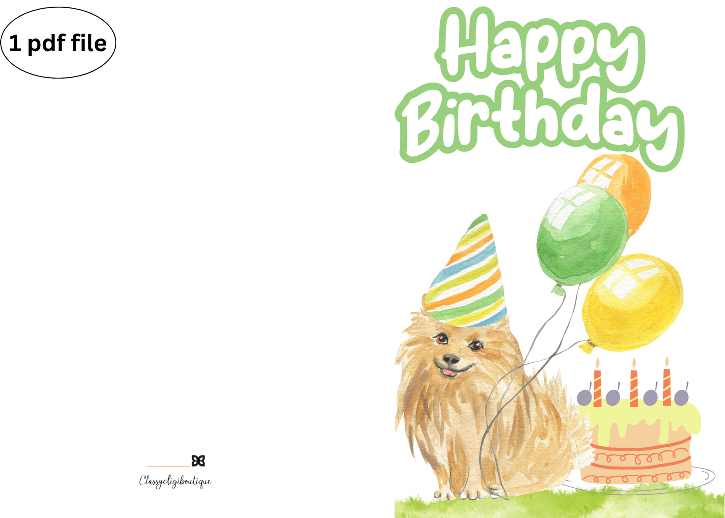 Watercolor Pomeranian Birthday Card – Printable Dog Party Design with Balloons & Cake