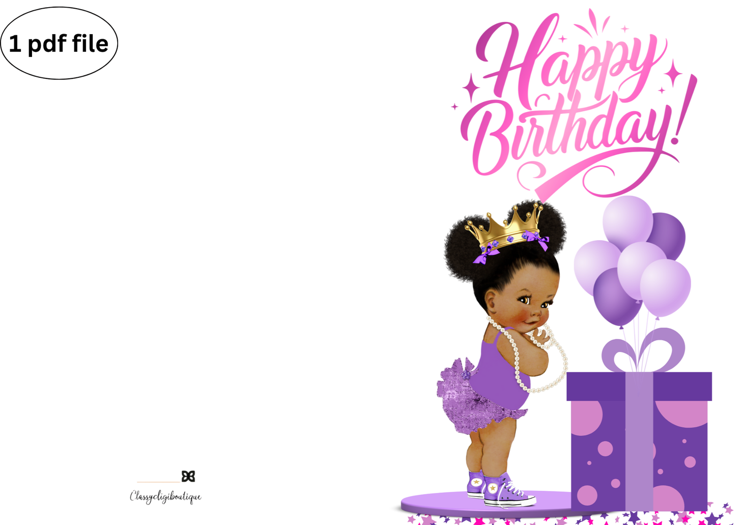 “Happy Birthday Princess” Printable Greeting Card – Purple & Gold Baby Girl Design