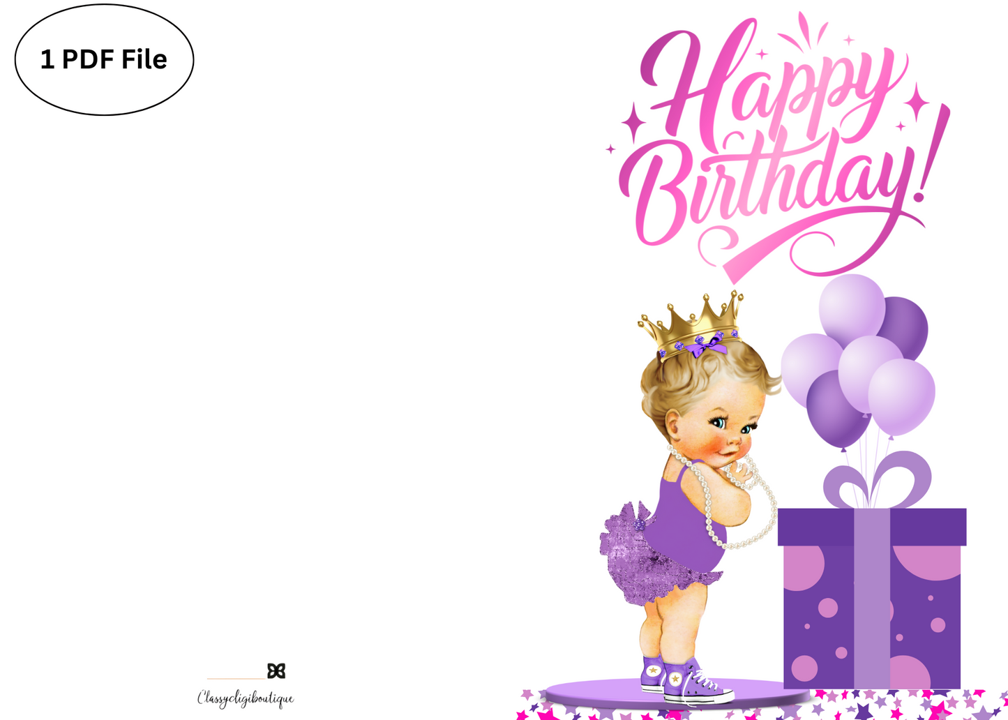 “Happy Birthday Princess” Printable Greeting Card – Purple & Gold Baby Girl Design 2