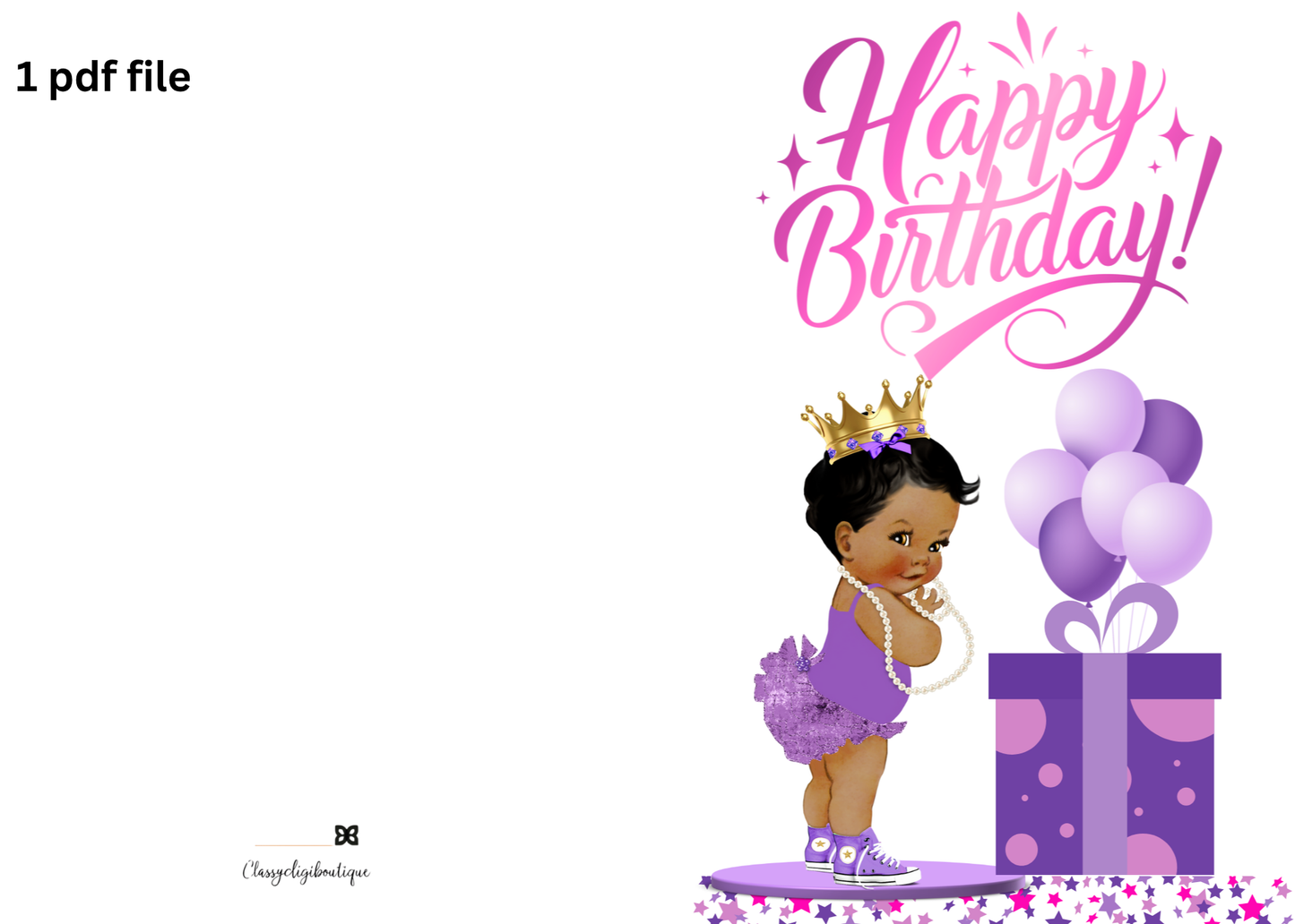 “Happy Birthday Princess” Printable Greeting Card – Purple & Gold Baby Girl Design 3