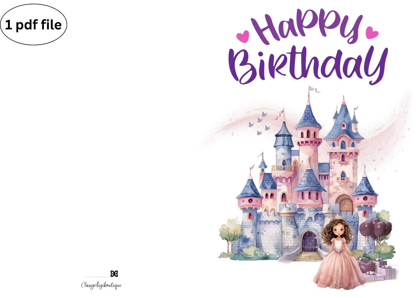 Princess Birthday Card Castle and Presents Theme - Printable Greeting Card Two