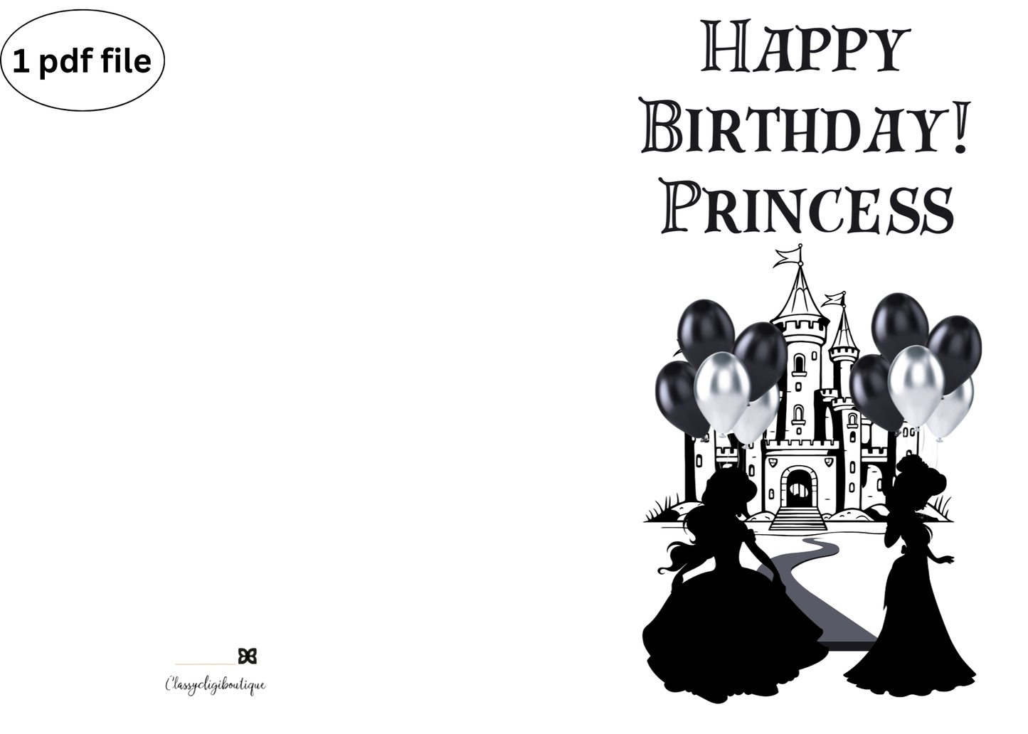 “Happy Birthday Princess” Printable Card – Black & White Castle Design