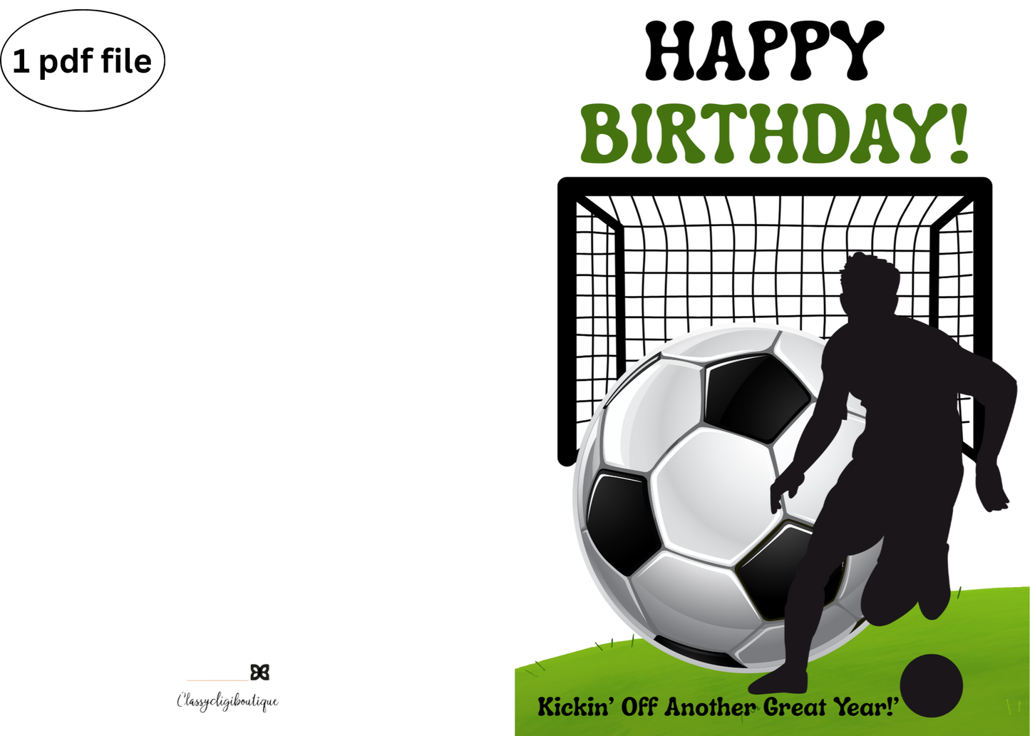 Soccer Birthday Card – Black Silhouette Player with Soccer Ball and Goal - Downloadable Printable Greeting Card