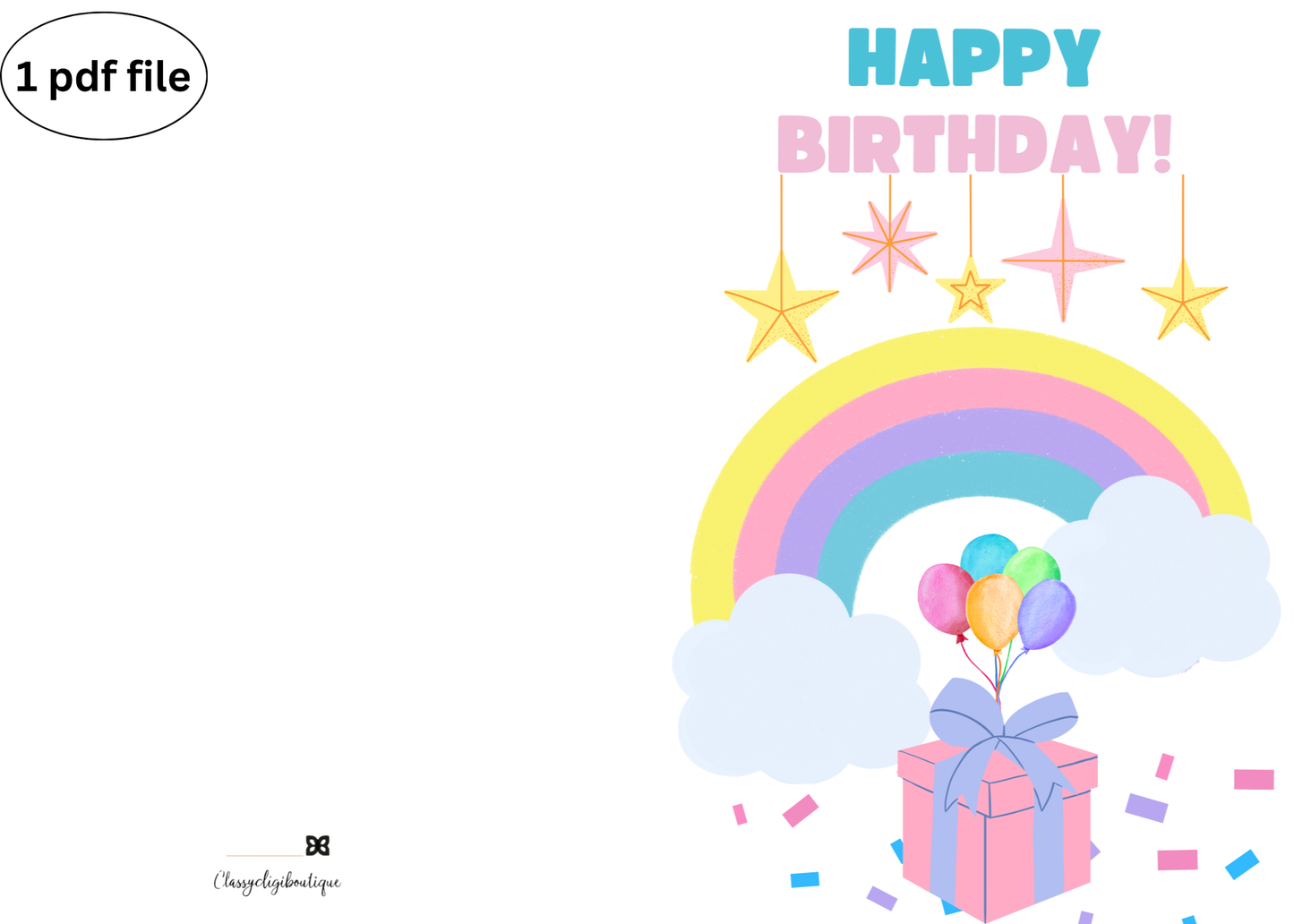 Pastel Rainbow Birthday Card – Printable Greeting Card with Clouds, Balloons & Present | Instant Download