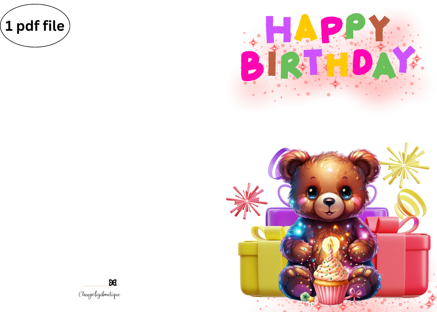 🎉 Sparkly Bear Birthday Card – Printable Greeting with Gifts