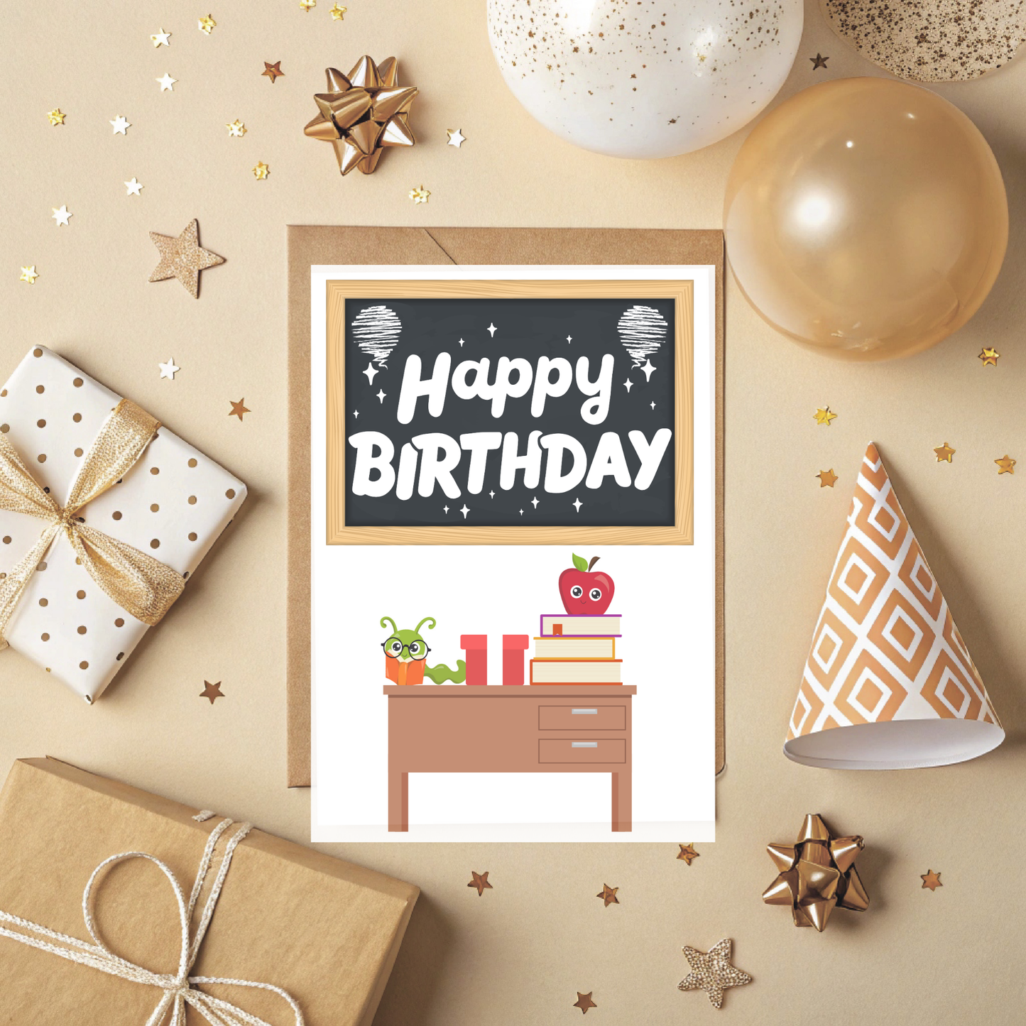 Teacher Birthday Card – Downloadable Printable Card with Chalkboard, Books & Apple