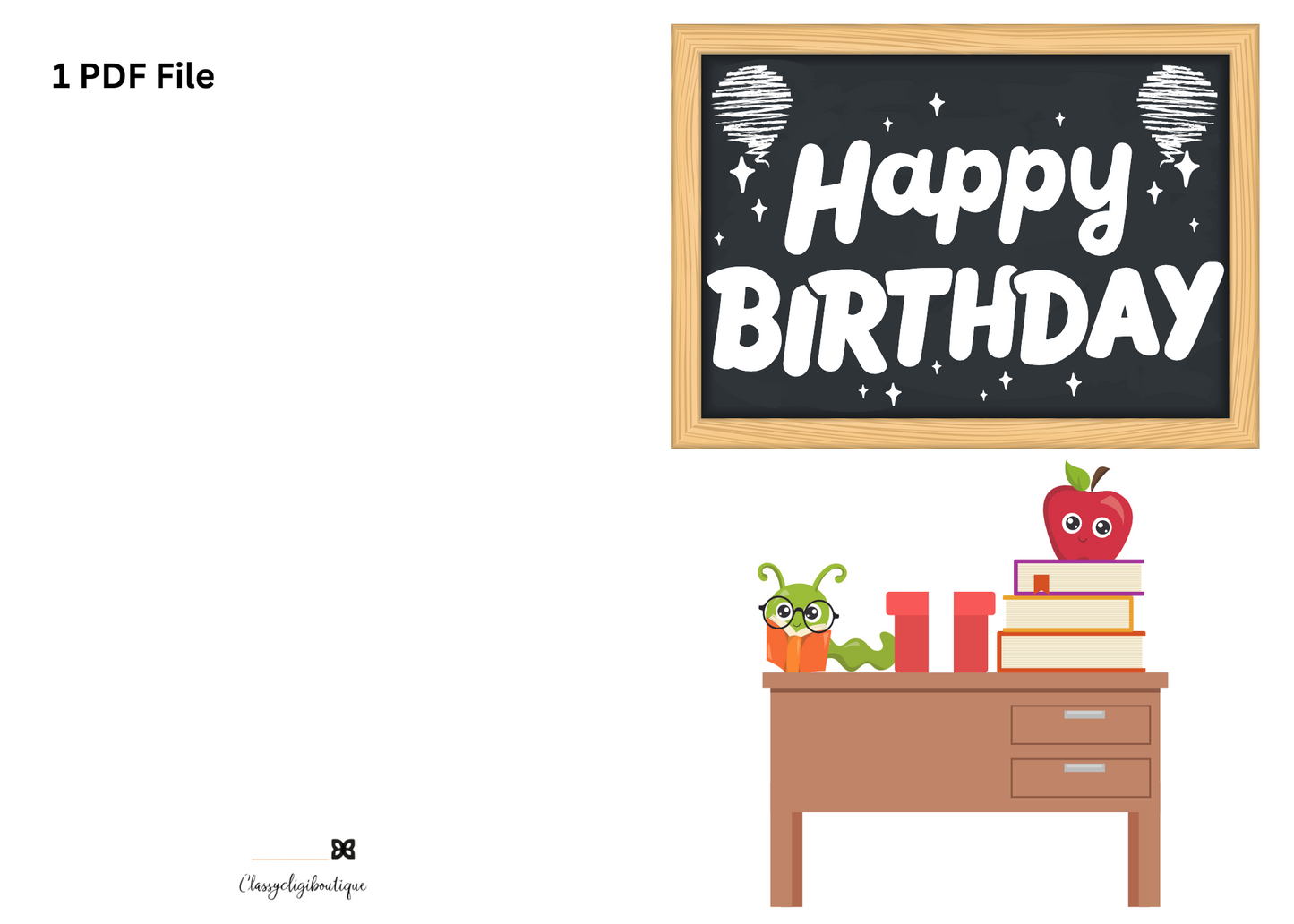 Teacher Birthday Card – Downloadable Printable Card with Chalkboard, Books & Apple