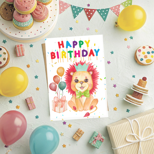 🦁 Baby Lion Birthday Card – Printable Greeting Card with Balloons, Gift & Confetti | Instant Download PDF