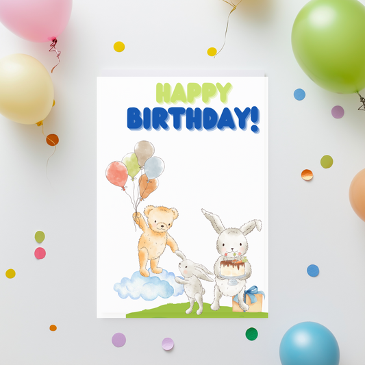 🌲 Forest Animal Birthday Card – Printable Greeting Card with Bear, Bunnies, Balloons & Cake | Instant Download PDF