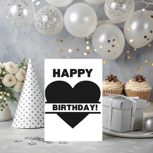 🖤 Black Classic Heart Birthday Card – Elegant Printable Greeting Card | Instant Digital Download (PDF)