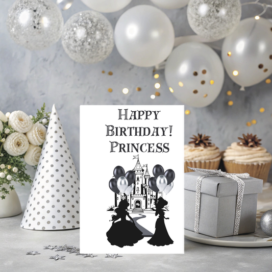 “Happy Birthday Princess” Printable Card – Black & White Castle Design