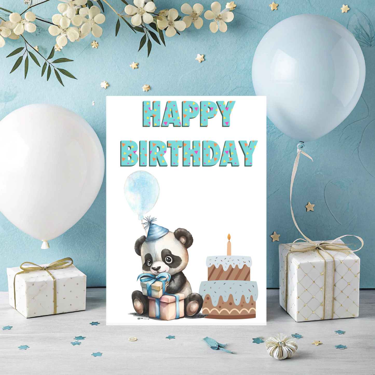 Baby Panda Birthday Card – Downloadable Printable Card with Cake & Balloons (Light Blue Theme)