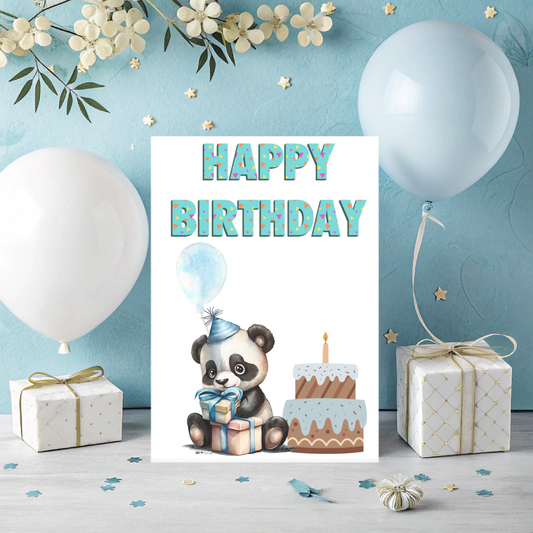Baby Panda Birthday Card – Downloadable Printable Card with Cake & Balloons (Light Blue Theme)