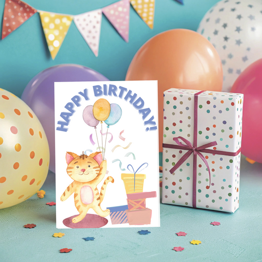 🐱 Cat Birthday Card – Printable Watercolor Greeting Card with Balloons & Present | Instant Download PDF