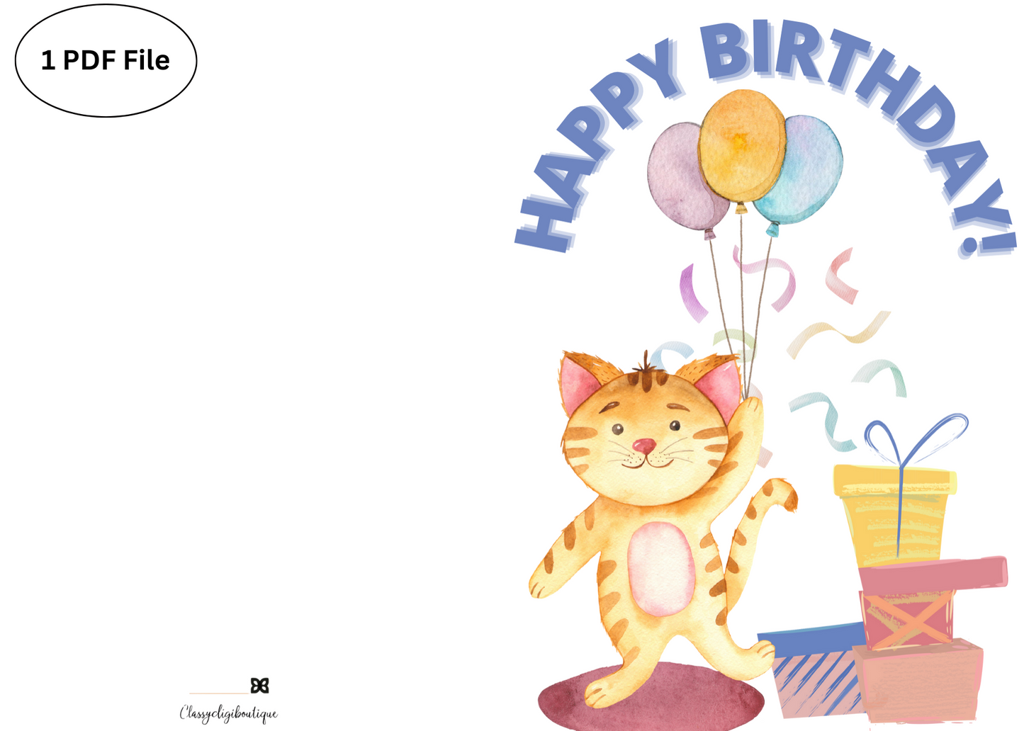 🐱 Cat Birthday Card – Printable Watercolor Greeting Card with Balloons & Present | Instant Download PDF