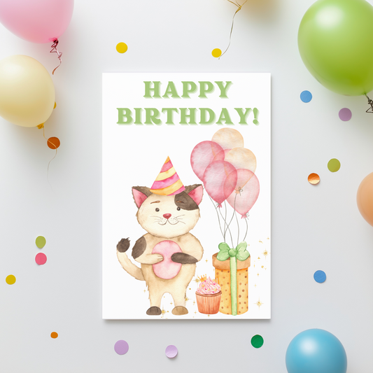 🐱 Birthday Cat Greeting Card – Printable Card with Hat, Balloons, Cupcake & Presents | Instant Download PDF