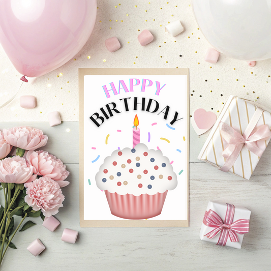 🧁 Pink Cupcake Birthday Card – Printable Greeting Card with Sprinkles | Instant Download PDF
