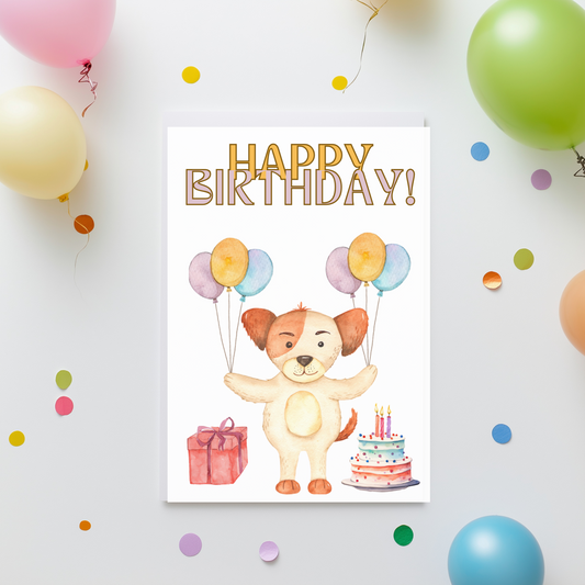 🐶 Watercolor Dog Birthday Card – Printable Greeting Card with Balloons, Cake & Present | Instant Download PDF