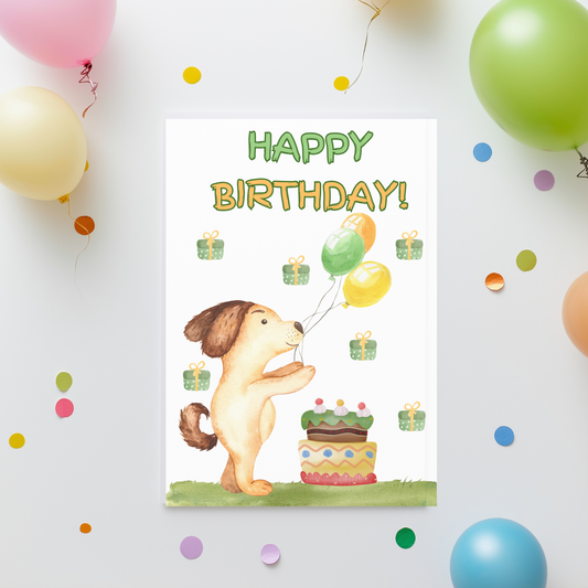 🐶 Dog Birthday Card – Printable Greeting Card with Balloons, Cake & Presents | Instant Download PDF