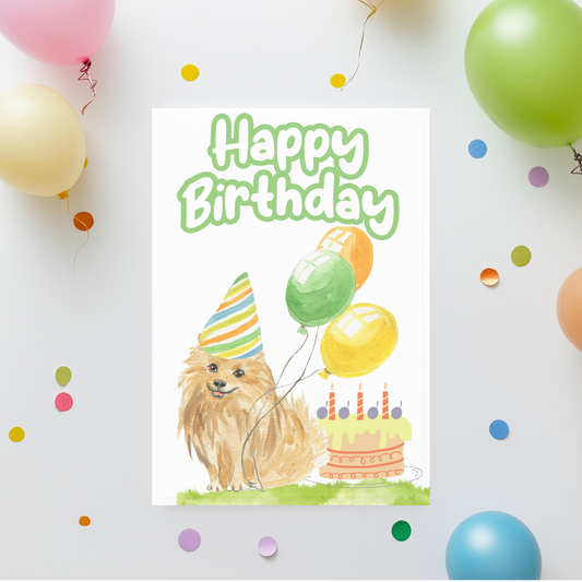 Watercolor Pomeranian Birthday Card – Printable Dog Party Design with Balloons & Cake