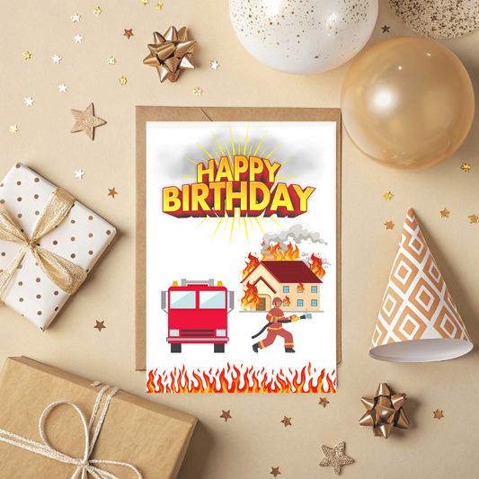 Firefighter Birthday Card – Printable Kids Card with Fire Truck, Firemen & Burning Building