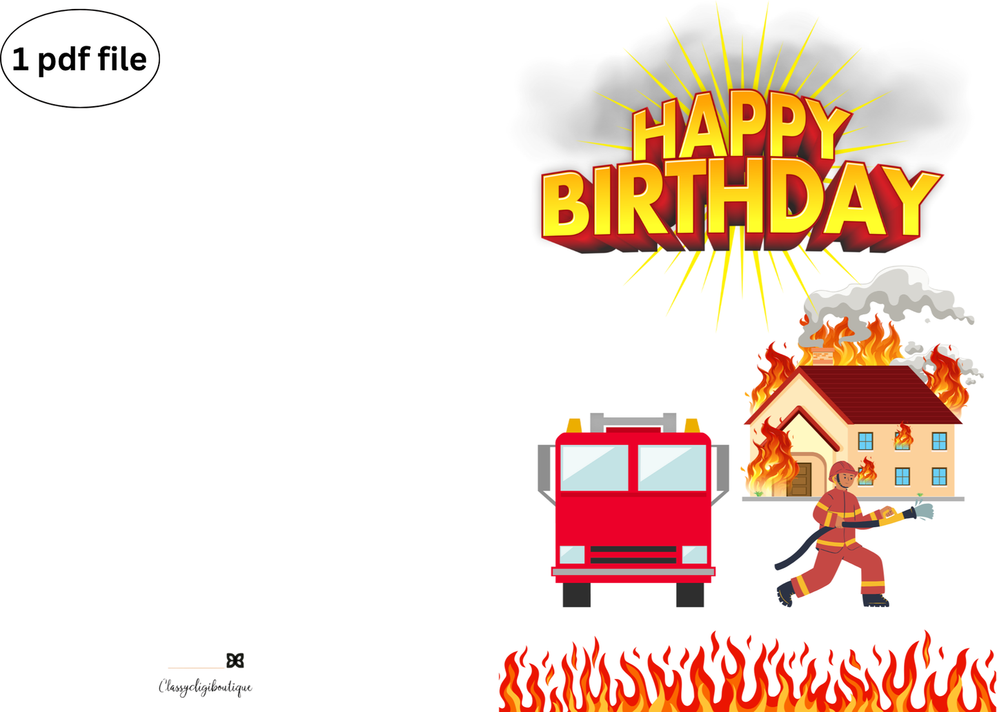 Firefighter Birthday Card – Printable Kids Card with Fire Truck, Firemen & Burning Building
