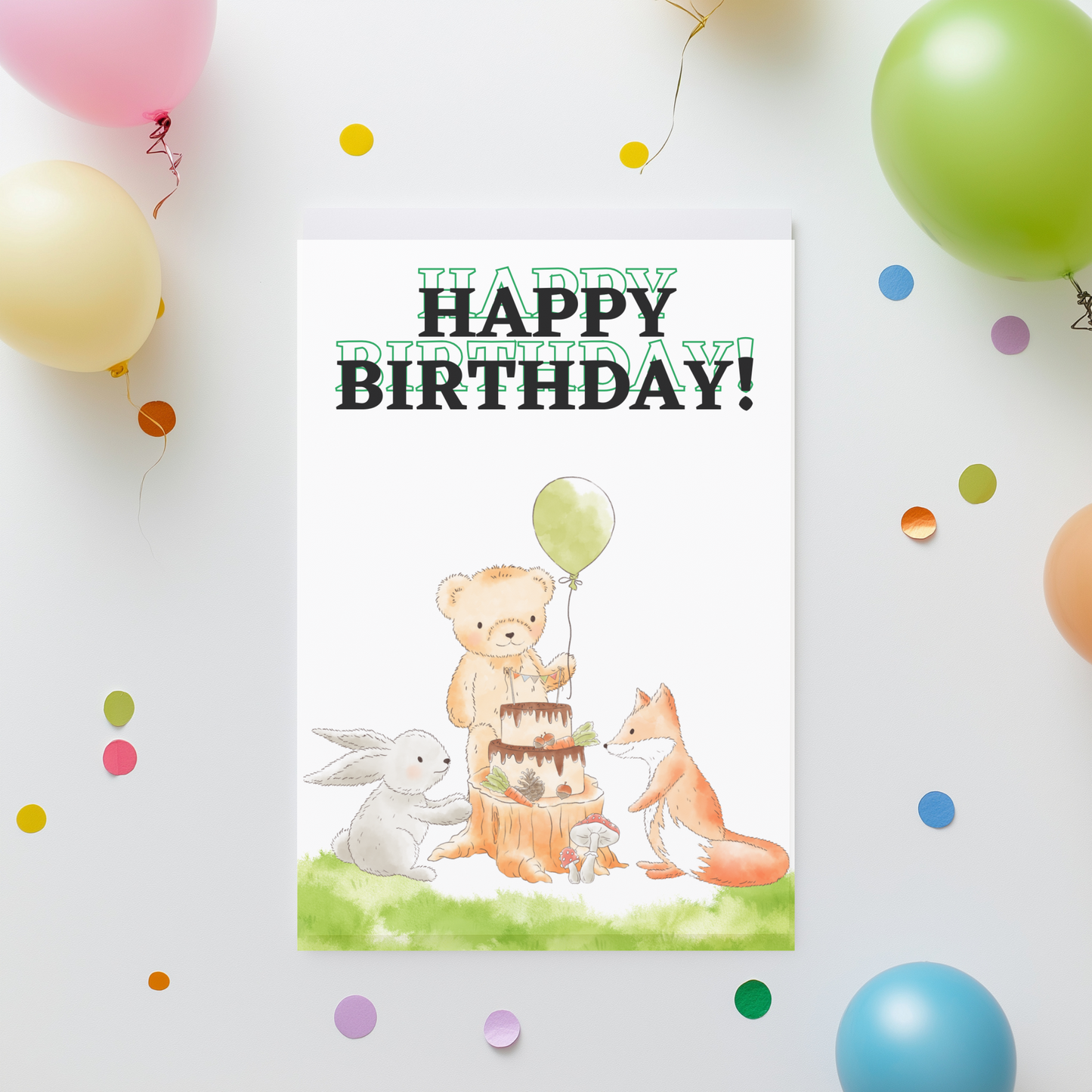 🌲 Forest Animal Birthday Card – Bear, Bunny & Fox | Printable Kids Greeting Card | Instant Digital Download (PDF)