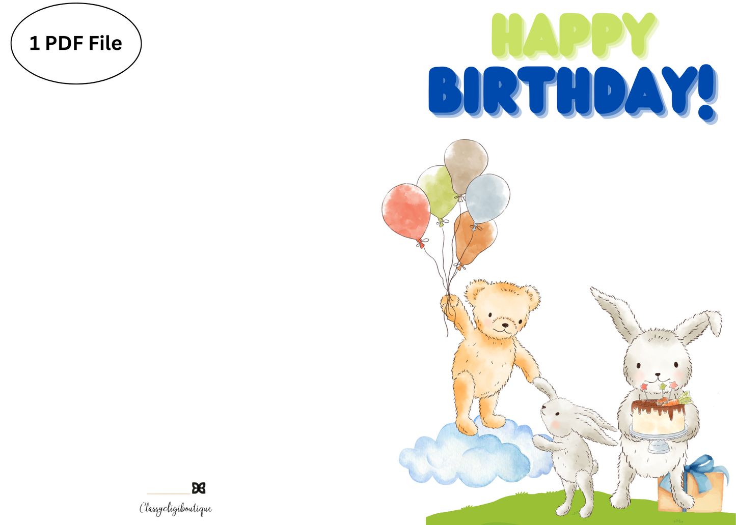 🌲 Forest Animal Birthday Card – Printable Greeting Card with Bear, Bunnies, Balloons & Cake | Instant Download PDF
