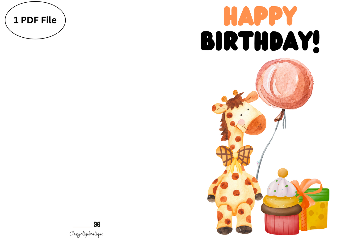 🦒 Watercolor Giraffe Birthday Card – Cute Printable Greeting Card with Cupcake, Balloons & Presents | Instant Digital Download (PDF)